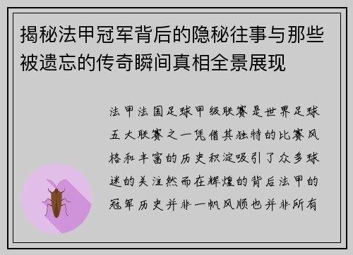 揭秘法甲冠军背后的隐秘往事与那些被遗忘的传奇瞬间真相全景展现