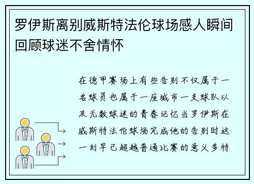 罗伊斯离别威斯特法伦球场感人瞬间回顾球迷不舍情怀
